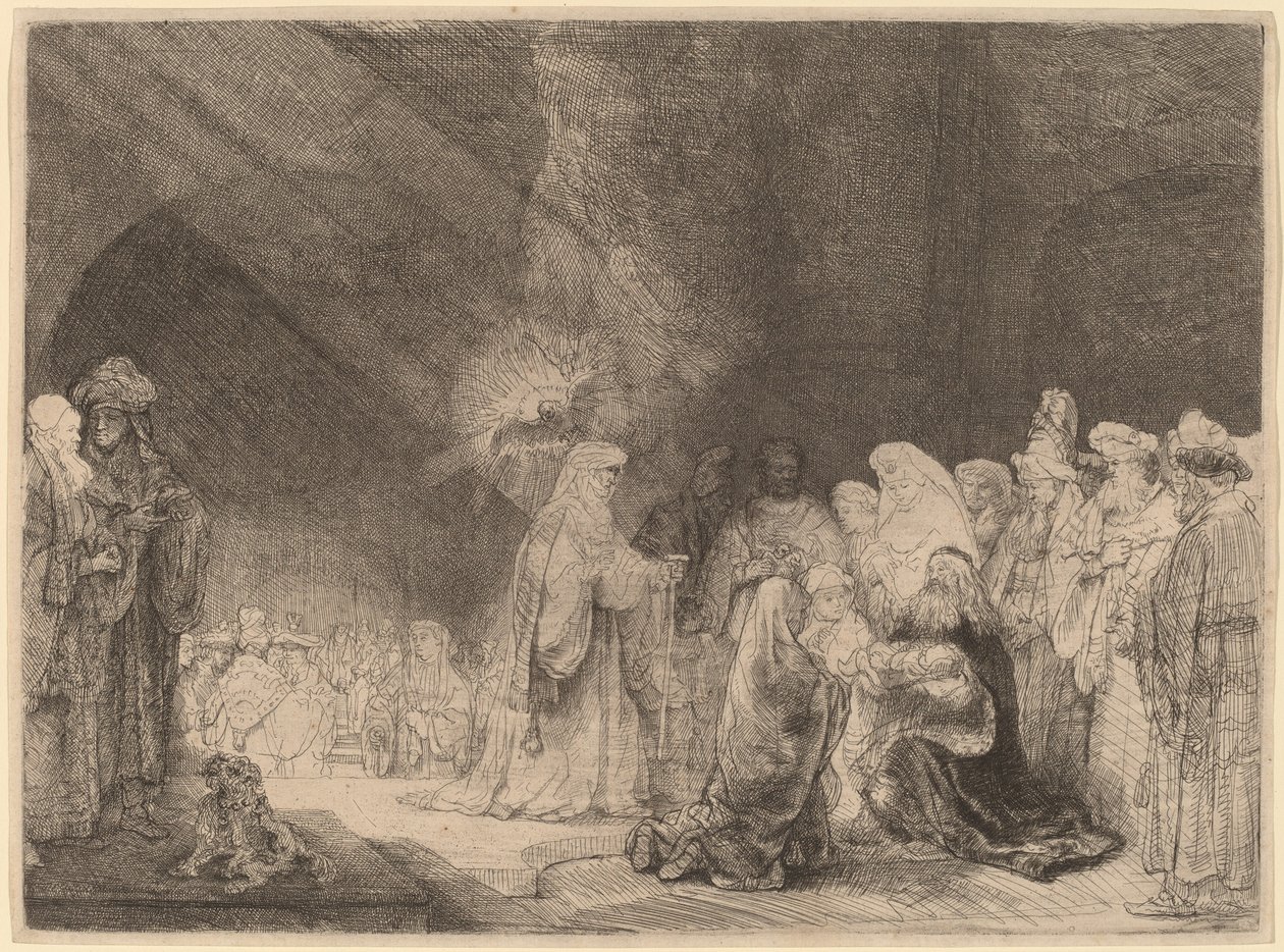 Esitys temppelissä: pitkulainen printti tekijältä Rembrandt van Rijn