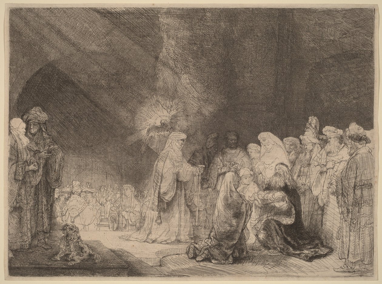 Esittely temppelissä: pitkänomainen painokuva tekijältä Rembrandt van Rijn