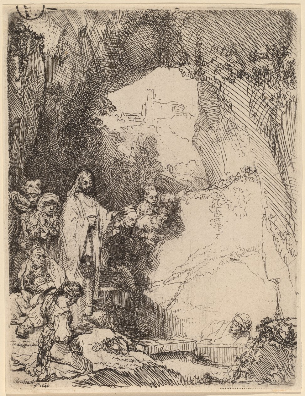 Lasaruksen herättäminen: Pieni lautanen tekijältä Rembrandt van Rijn