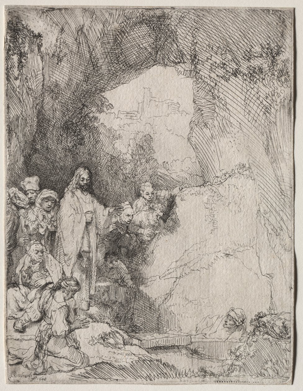 Lasaruksen herättäminen: Pieni lautanen tekijältä Rembrandt van Rijn