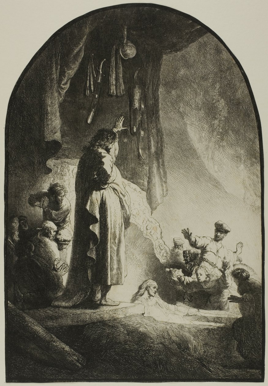 Lasaruksen herättäminen: Isompi lautanen tekijältä Rembrandt van Rijn