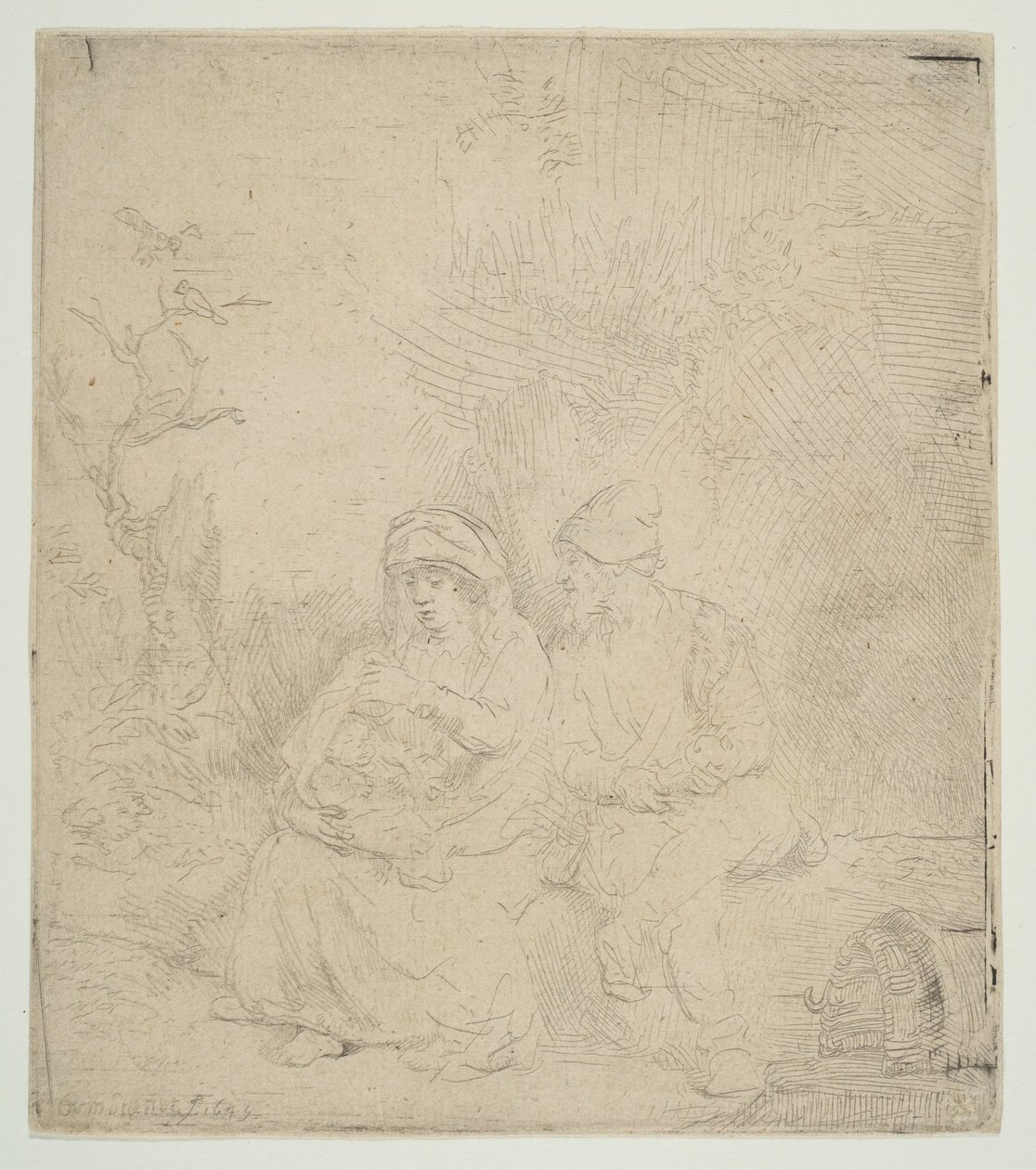 The Rest on the Flight to Egypt, kevyesti kaiverrettu, 1645. tekijältä Rembrandt van Rijn