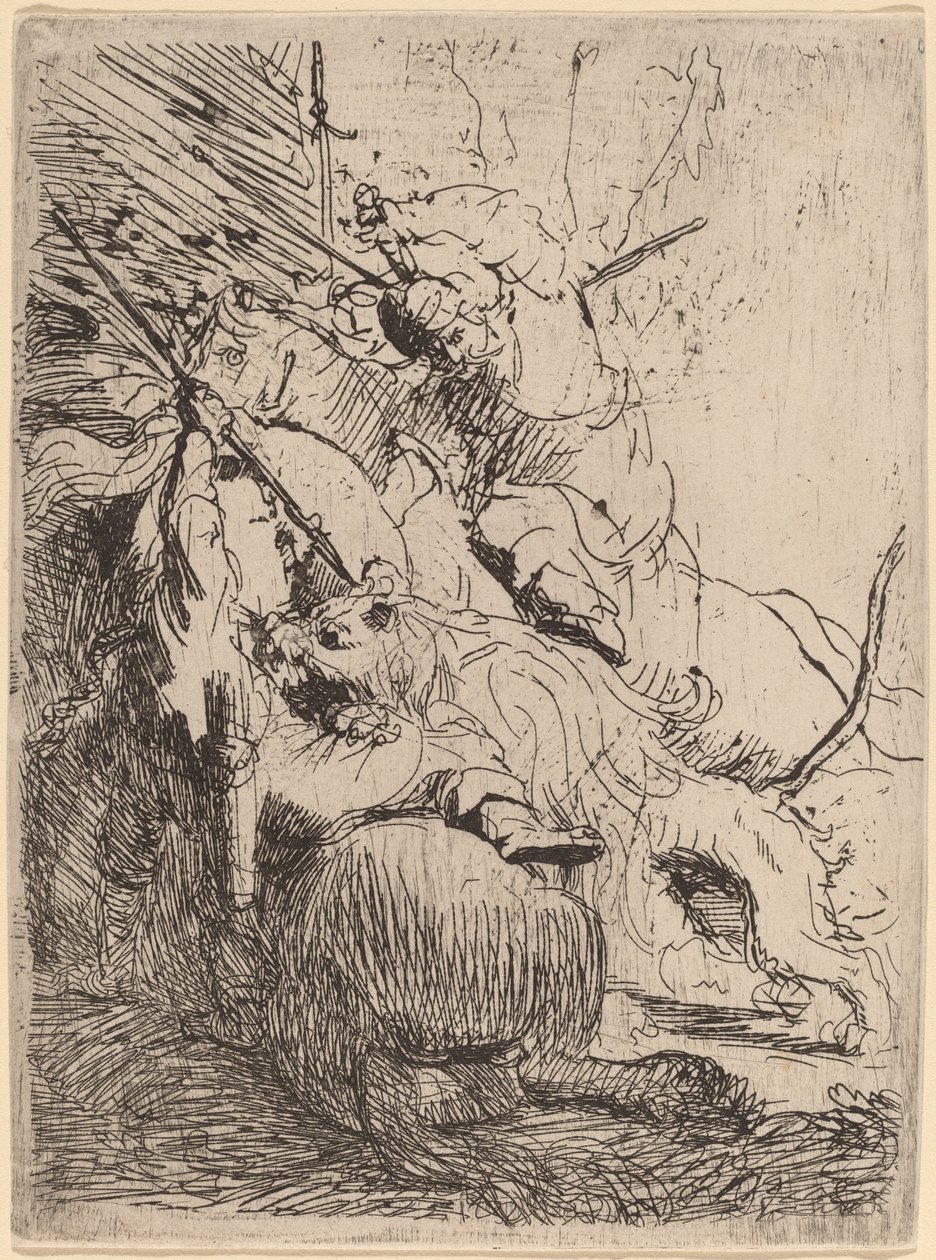 Pienen leijonan metsästys (yhden leijonan kanssa) tekijältä Rembrandt van Rijn