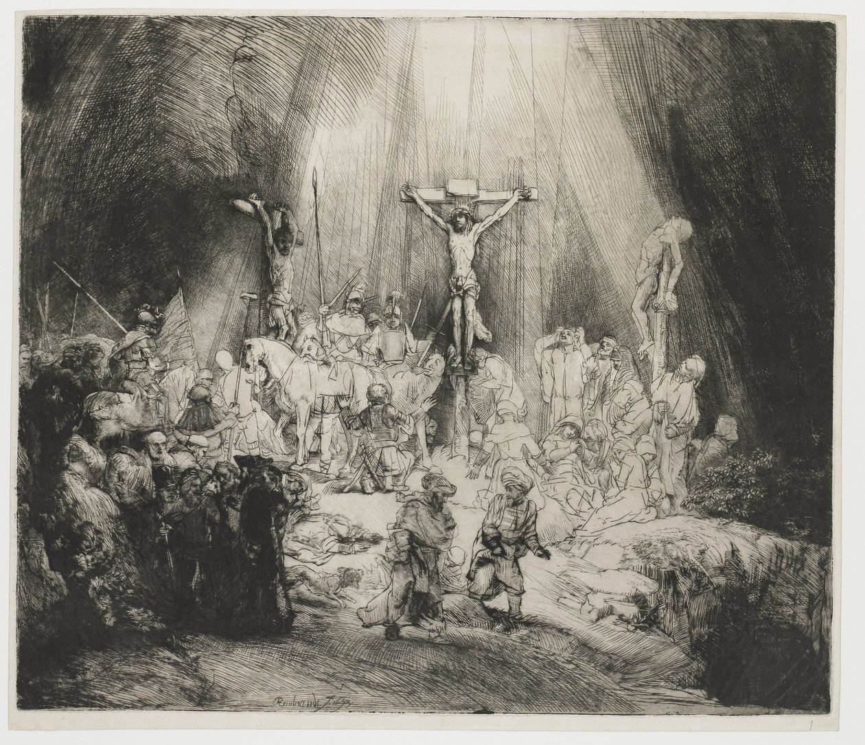 Kolme ristiä Kristus ristiinnaulittu kahden varkaan väliin: "Kolme ristiä" tekijältä Rembrandt van Rijn