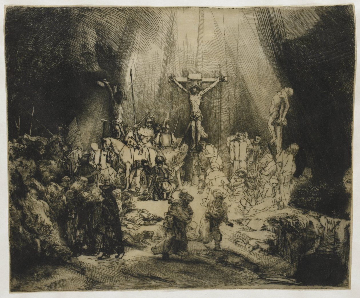 Kolme ristiä Kristus ristiinnaulittu kahden varkaan väliin: "Kolme ristiä" tekijältä Rembrandt van Rijn