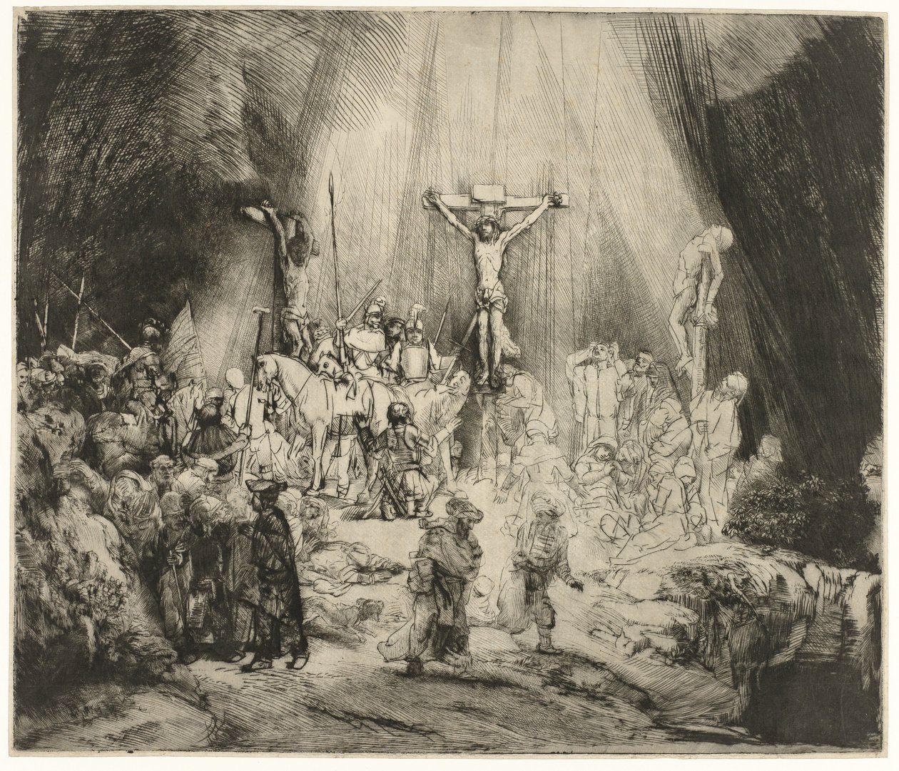 Kolme ristiä Kristus ristiinnaulittu kahden varkaan väliin: "Kolme ristiä" tekijältä Rembrandt van Rijn