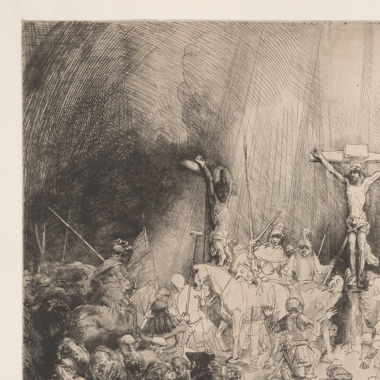 Kolme ristiä Kristus ristiinnaulittu kahden varkaan väliin: "Kolme ristiä" tekijältä Rembrandt van Rijn