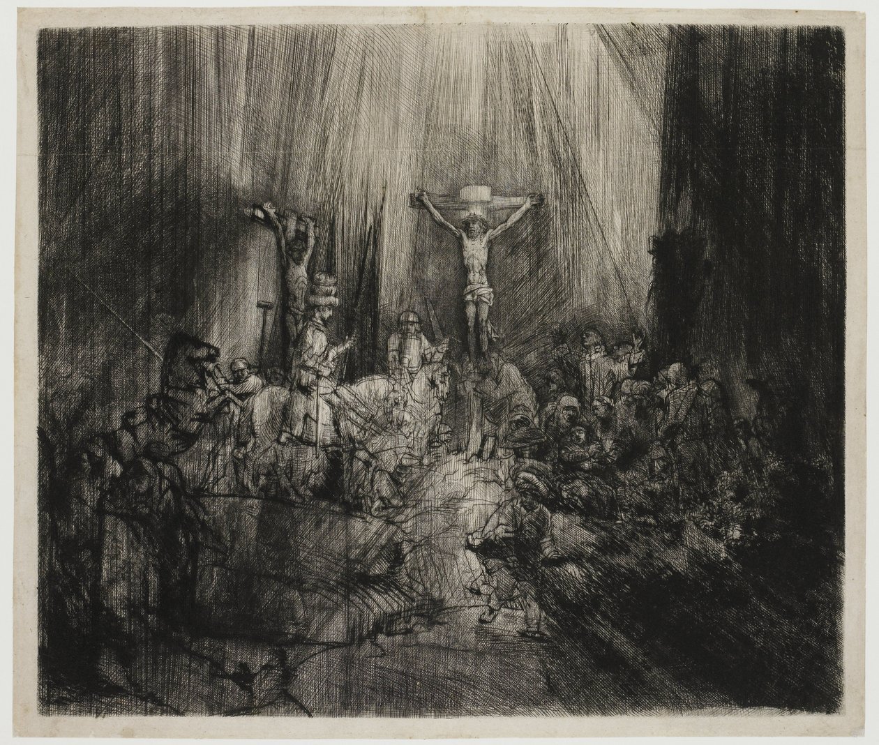 Kolme ristiä Kristus ristiinnaulittu kahden varkaan väliin: "Kolme ristiä" tekijältä Rembrandt van Rijn