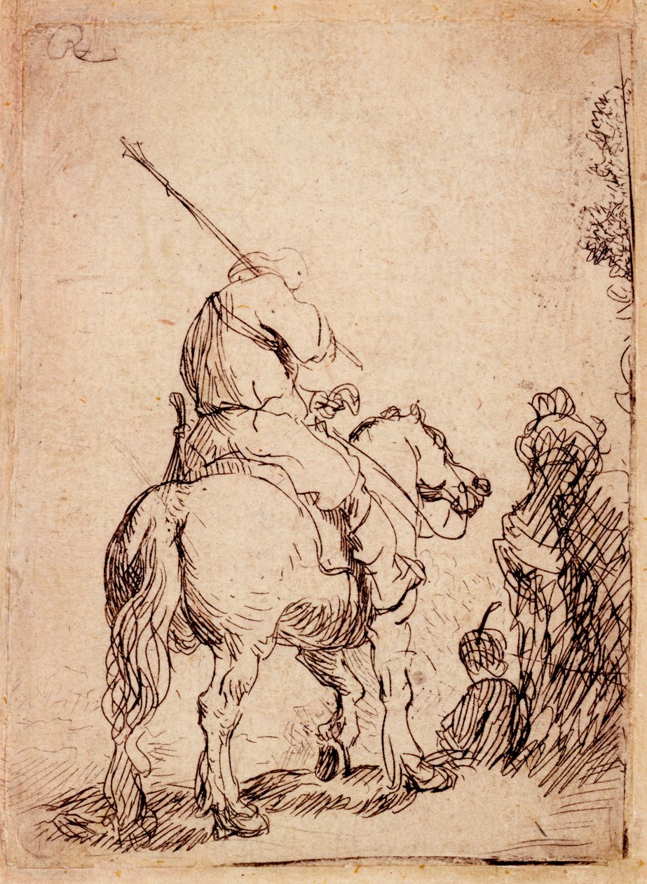 Turbaaninen sotilas hevosen selässä, 1632 tekijältä Rembrandt van Rijn