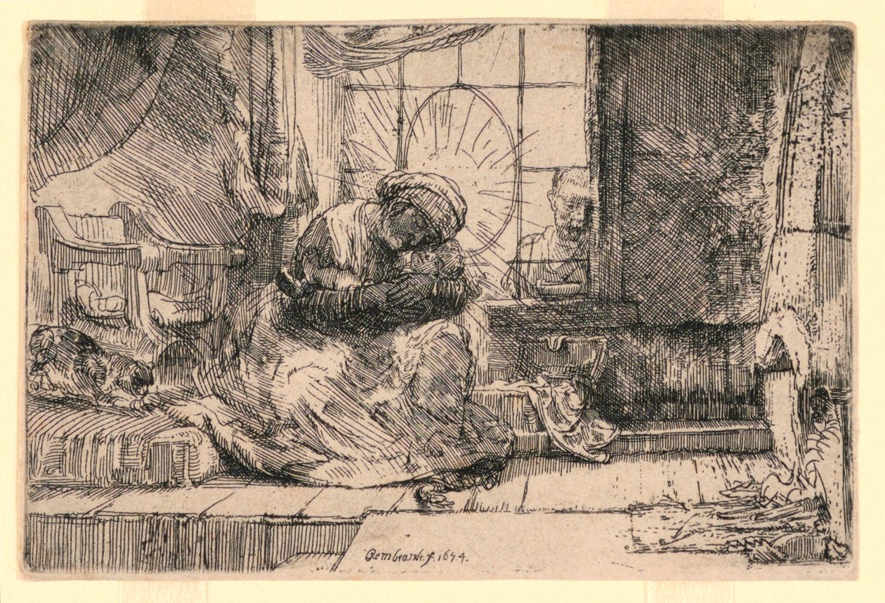 Neitsyt ja lapsi kissan ja Joosefin kanssa ikkunassa tekijältä Rembrandt van Rijn
