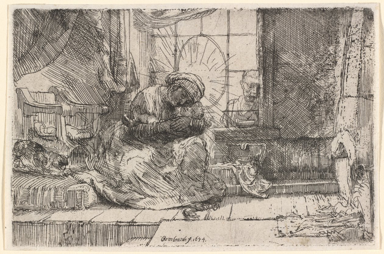 Neitsyt ja lapsi kissan ja käärmeen kanssa tekijältä Rembrandt van Rijn