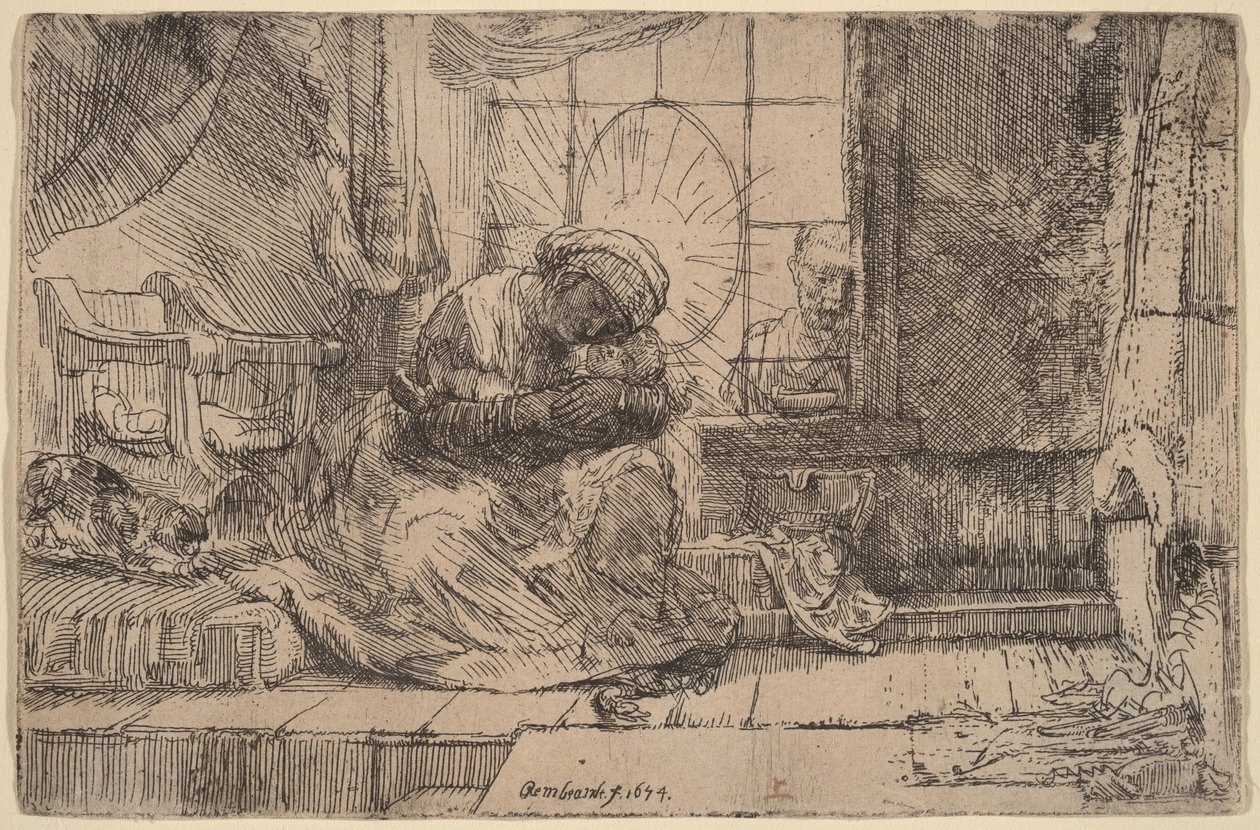 Neitsyt ja lapsi kissan ja käärmeen seurassa tekijältä Rembrandt van Rijn
