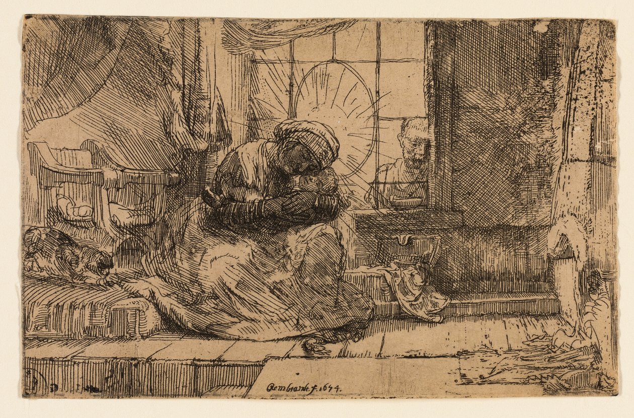 Neitsyt ja lapsi kissan ja käärmeen kanssa tekijältä Rembrandt van Rijn