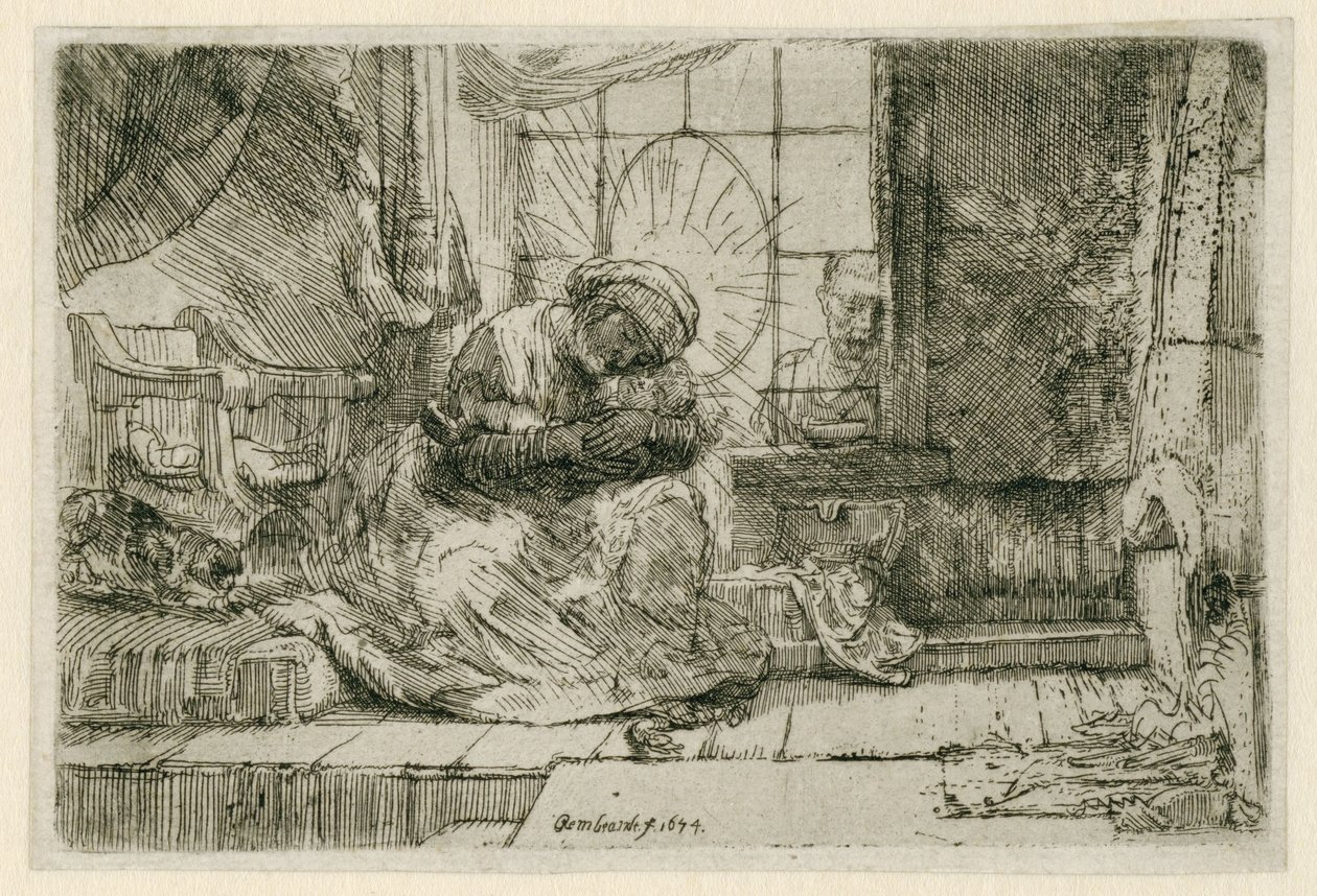 Neitsyt ja lapsi kissan ja käärmeen kanssa tekijältä Rembrandt van Rijn
