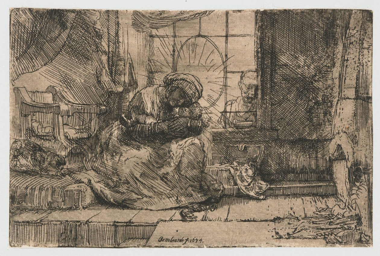 Neitsyt ja lapsi kissan ja käärmeen kanssa tekijältä Rembrandt van Rijn