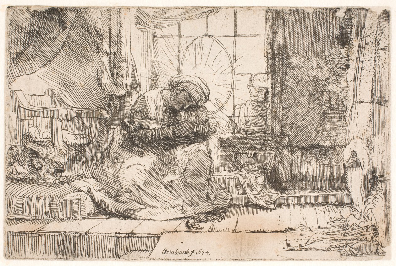 Neitsyt ja Lapsi kissan kanssa: ja Joosef ikkunassa tekijältä Rembrandt van Rijn