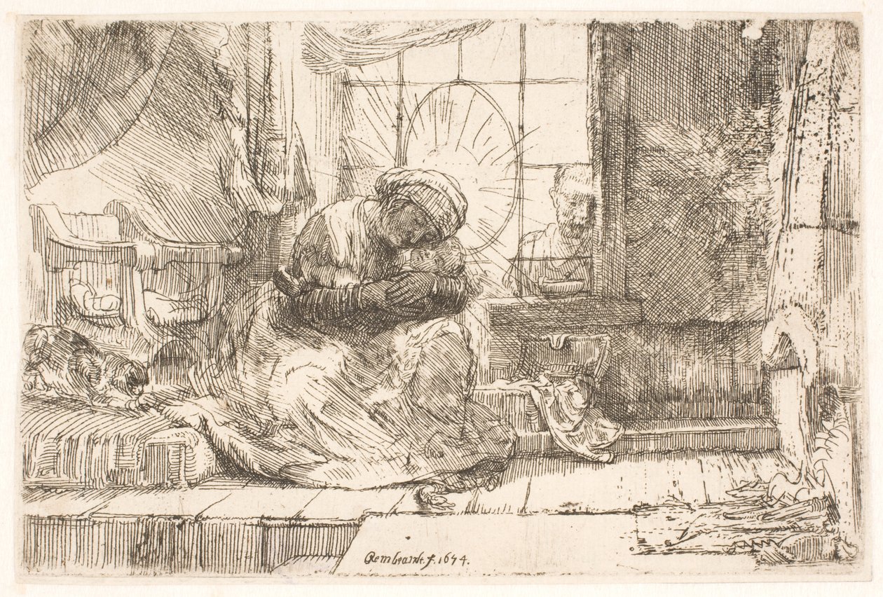 Neitsyt ja Lapsi kissan kanssa: ja Joosef ikkunassa tekijältä Rembrandt van Rijn
