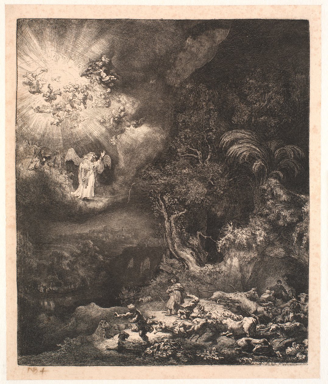 Enkeli ilmestyy paimenille tekijältä Rembrandt van Rijn