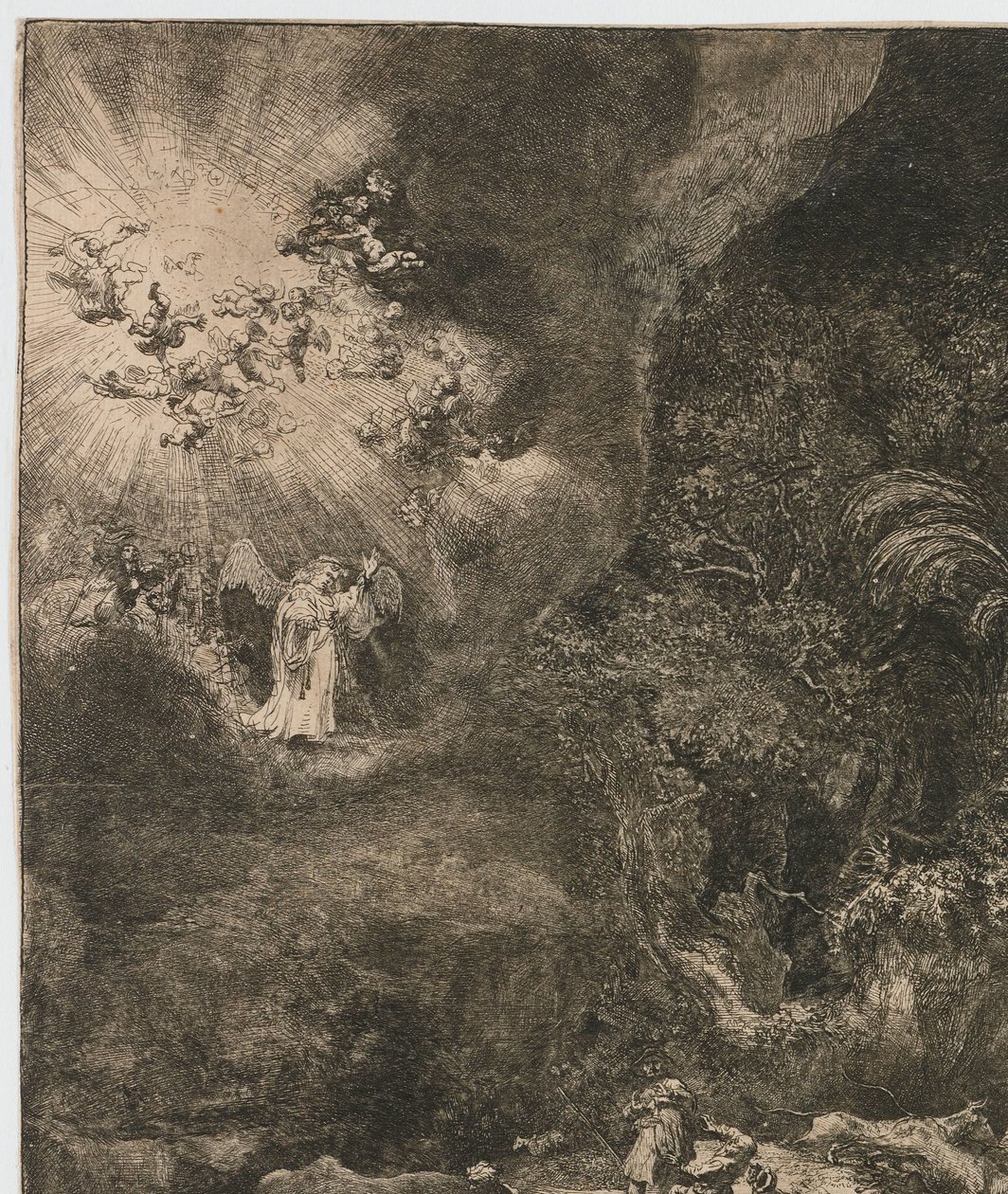 Enkeli ilmestyy paimenille tekijältä Rembrandt van Rijn
