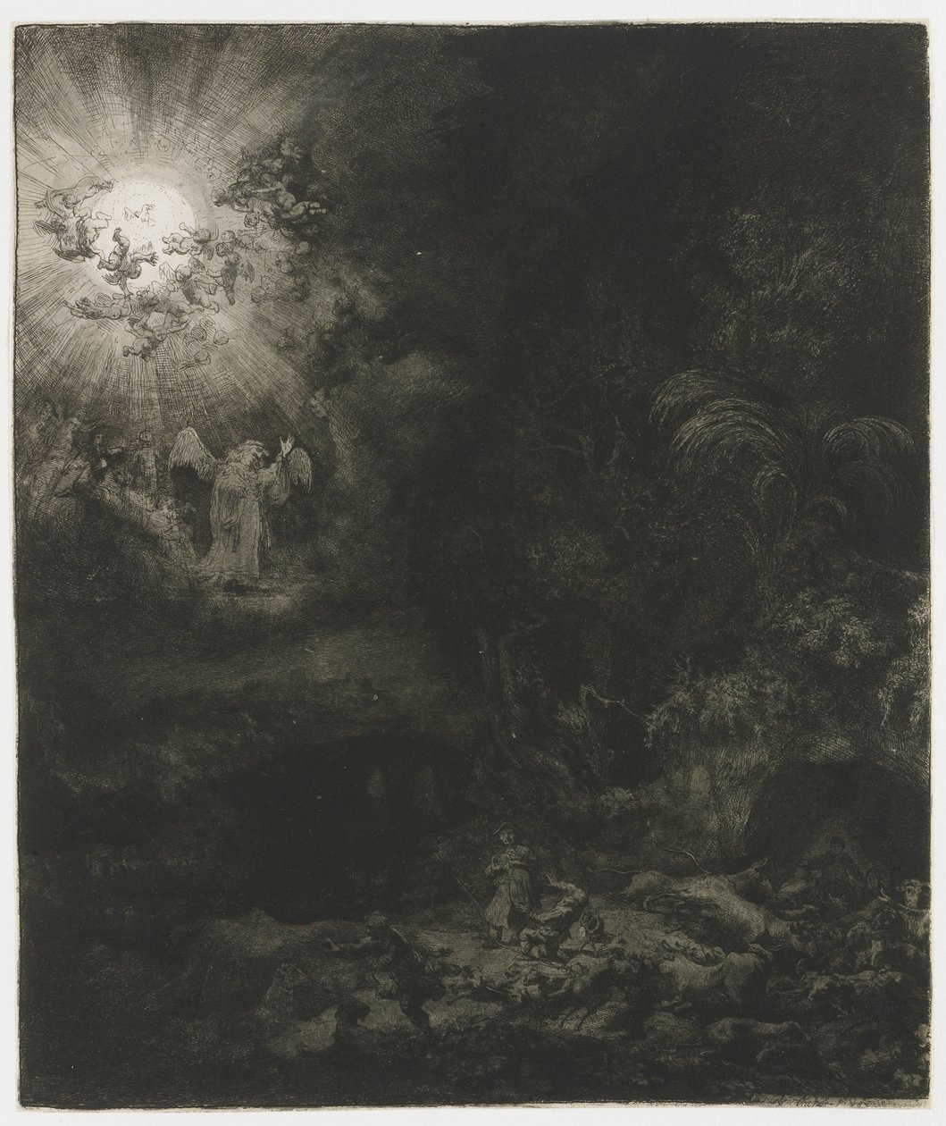 Enkeli ilmestyy paimenille tekijältä Rembrandt van Rijn