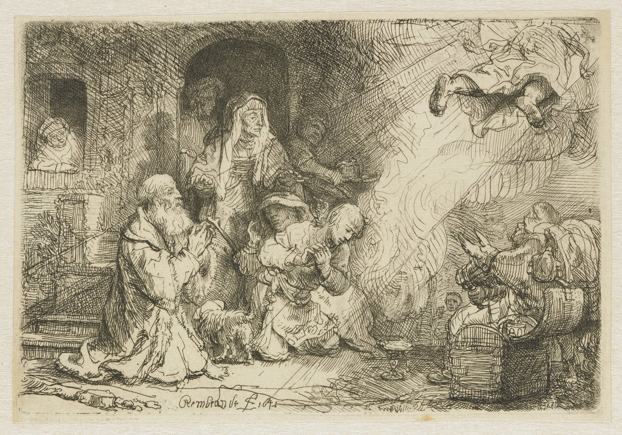 Enkeli, joka lähtee Tobiaksen perheestä tekijältä Rembrandt van Rijn