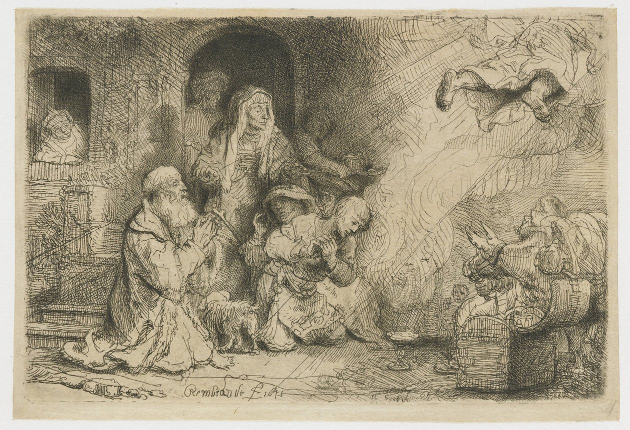 Enkeli, joka lähtee Tobiaksen perheestä tekijältä Rembrandt van Rijn