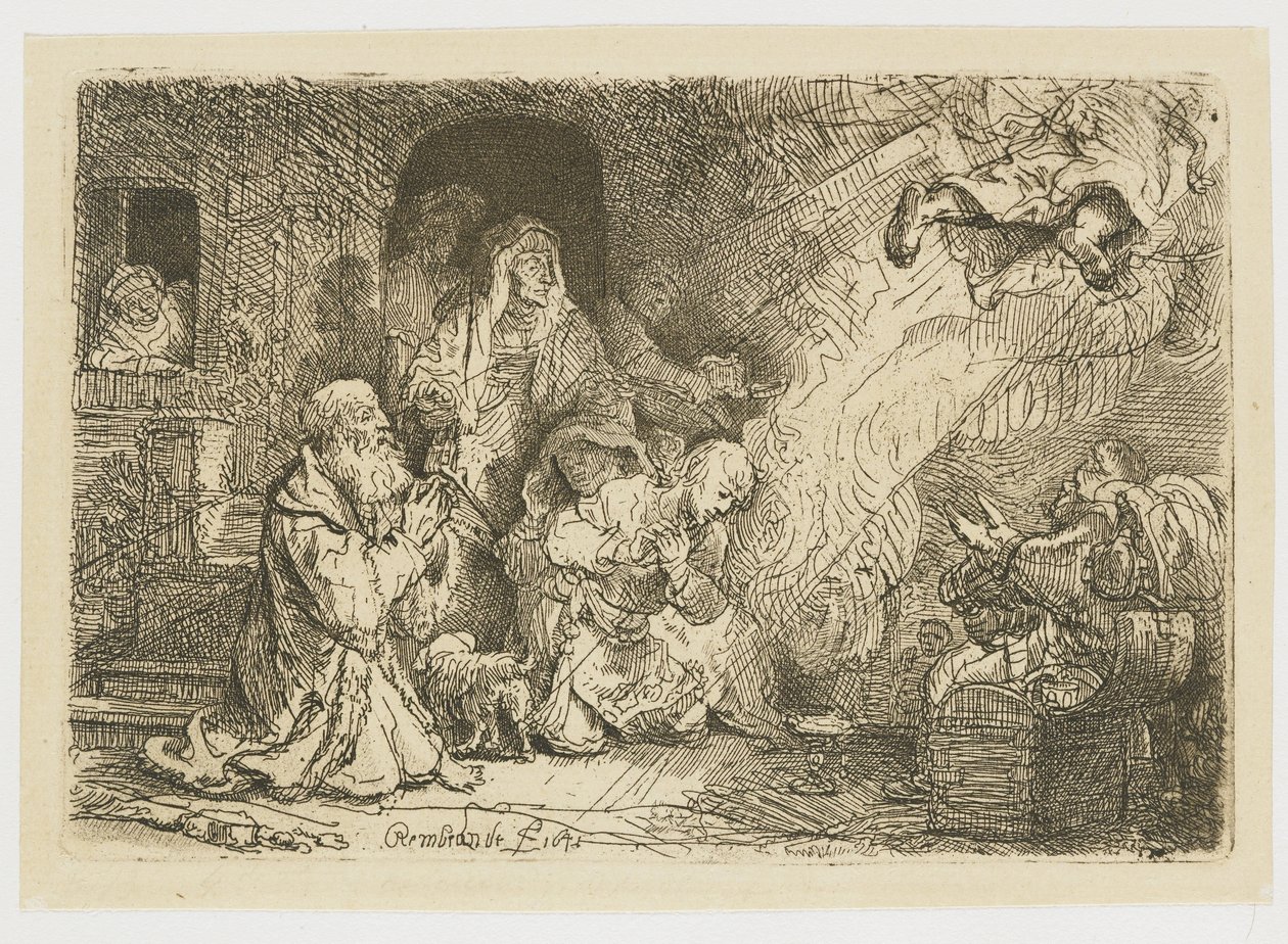 Enkeli, joka lähtee Tobiaksen perheestä tekijältä Rembrandt van Rijn