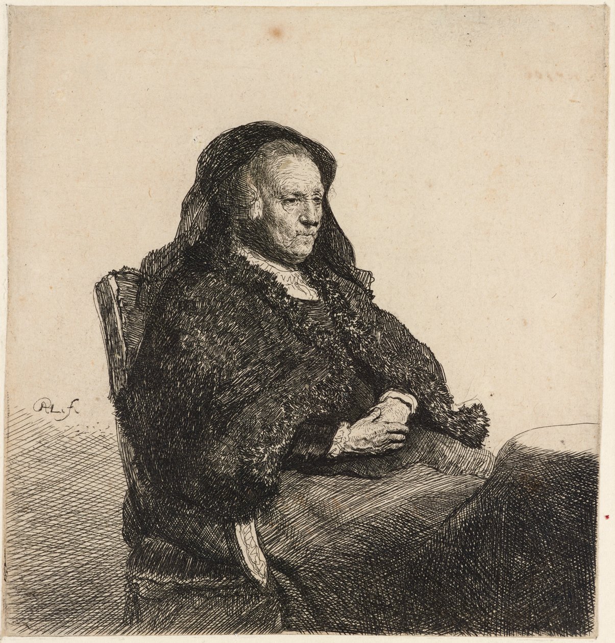 Taiteilijan äiti istumassa pöydän ääressä, n. 1631. tekijältä Rembrandt van Rijn