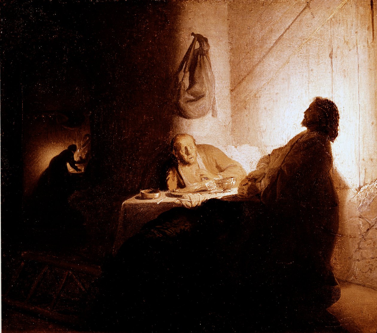 Emmauksen Kristuksen illallinen ilmestyy pyhiinvaeltajille, jotka istuvat pöydän ääressä emmauslaisen majatalon ääressä. Harmensz van Rijn dit Rembrandtin (1606-1669) maalaus 1628-1629 Sun. 21,5x16,5 cm Pariisi, museo Jacquemart Andre tekijältä Rembrandt van Rijn