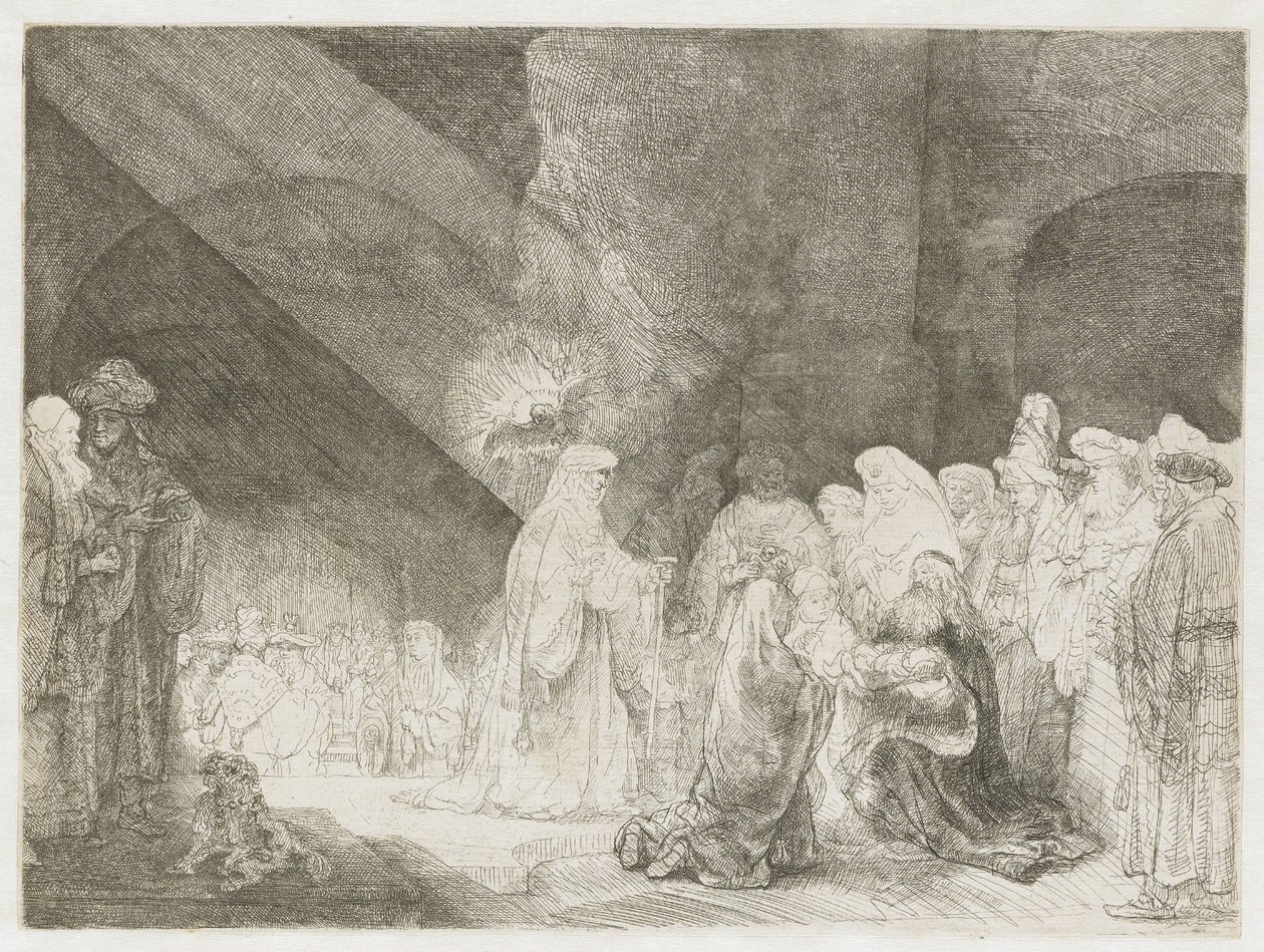 Esittely temppelissä: pitkänomainen painokuva tekijältä Rembrandt van Rijn
