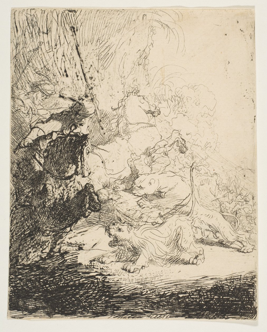Pieni leijona metsästää kahdella leijonalla, n. 1632. tekijältä Rembrandt van Rijn