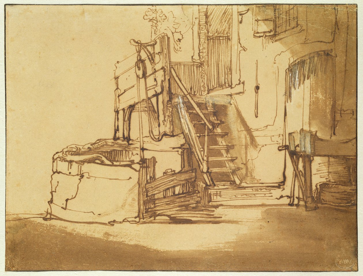 Kaivo maalaistalon edessä (kynä ja ruskea muste ja ruskea pesu paperille) tekijältä Rembrandt van Rijn