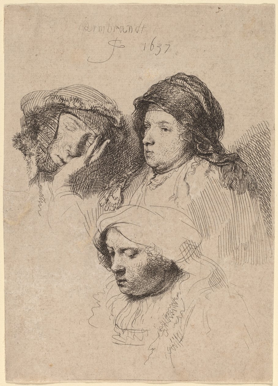Kolme naisten päätä, yksi unessa tekijältä Rembrandt van Rijn