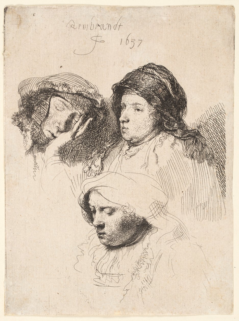 Kolme naisten päätä, yksi unessa tekijältä Rembrandt van Rijn