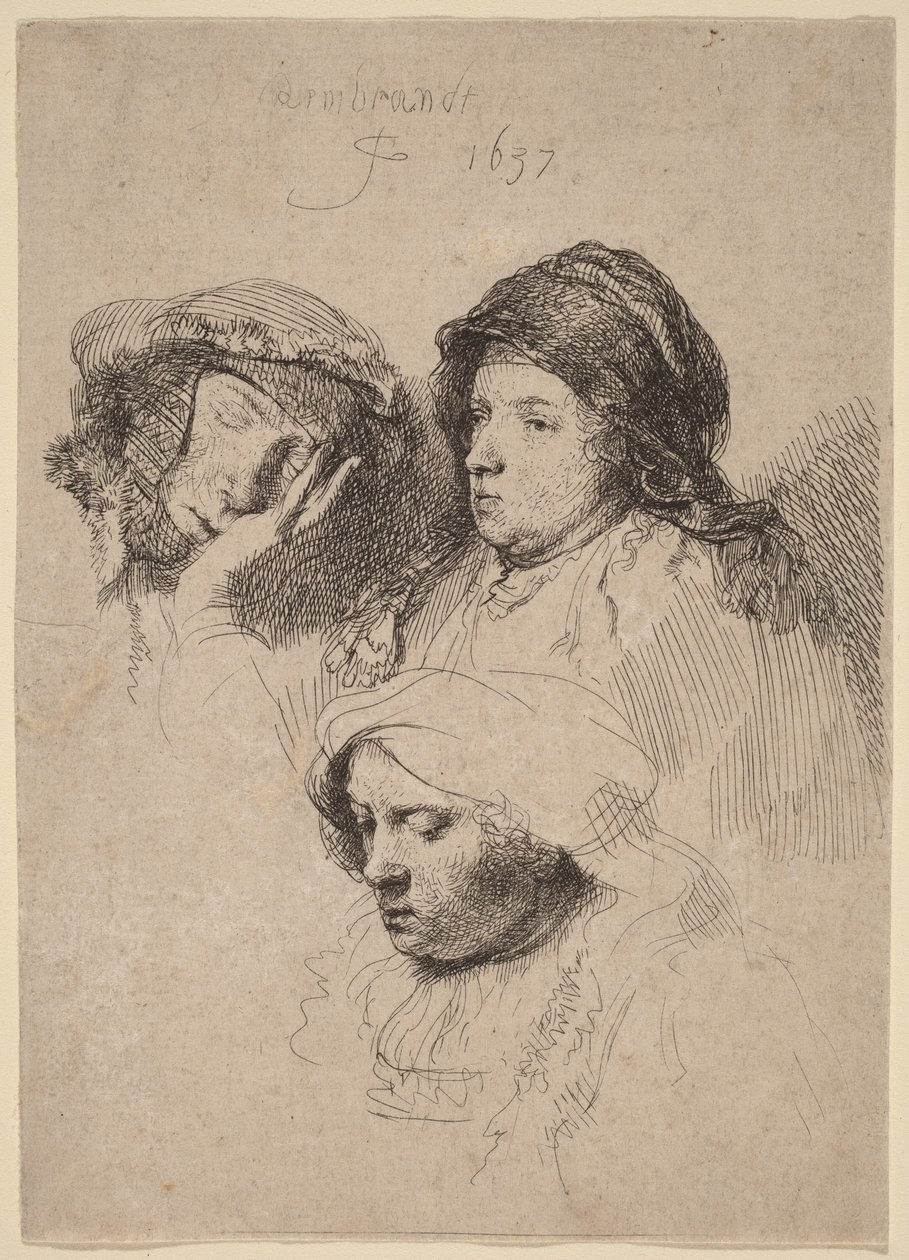Kolme naisen päätä, joista yksi nukkuu tekijältä Rembrandt van Rijn