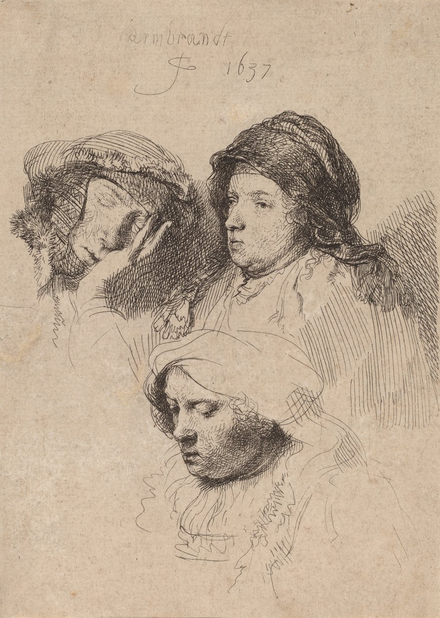 Kolme naisten päätä, yksi unessa, 1637. tekijältä Rembrandt van Rijn