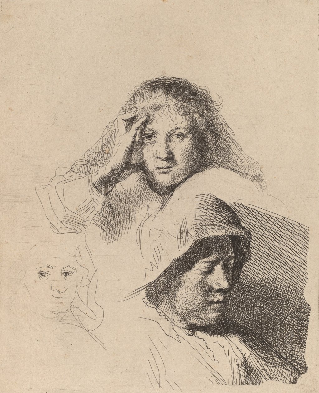 Kolme naisten päätä, yksi kevyesti kaiverrettu, n. 1637. tekijältä Rembrandt van Rijn