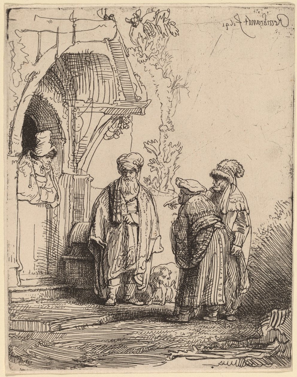 Kolme itämaista hahmoa (Jaakob ja Laban?) tekijältä Rembrandt van Rijn