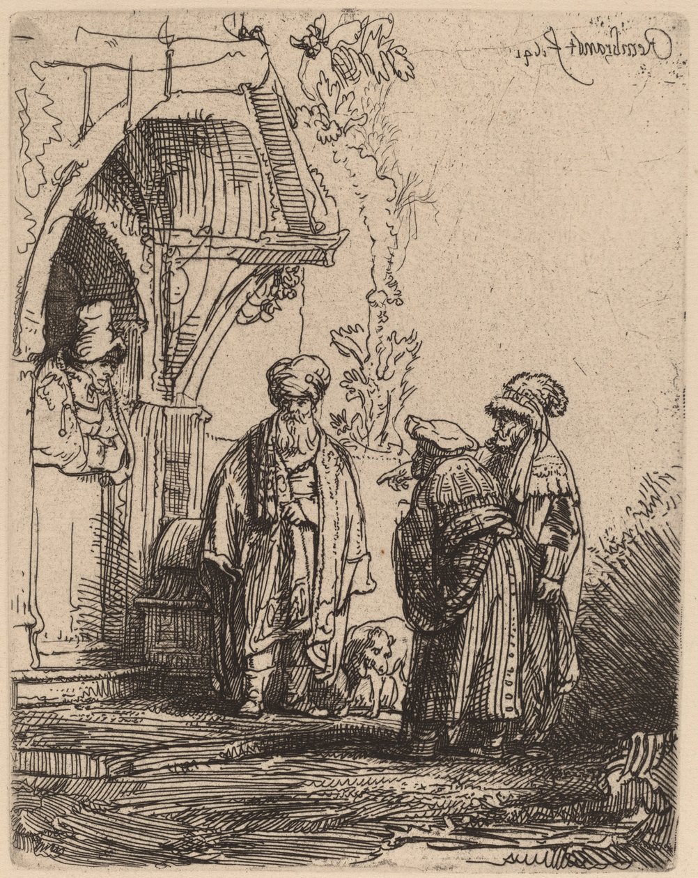 Kolme itämaista hahmoa (Jaakob ja Laban?) tekijältä Rembrandt van Rijn