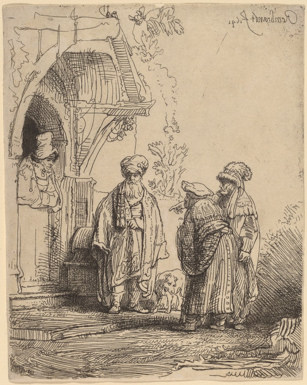 Kolme itämaista hahmoa (Jaakob ja Laban?) tekijältä Rembrandt van Rijn