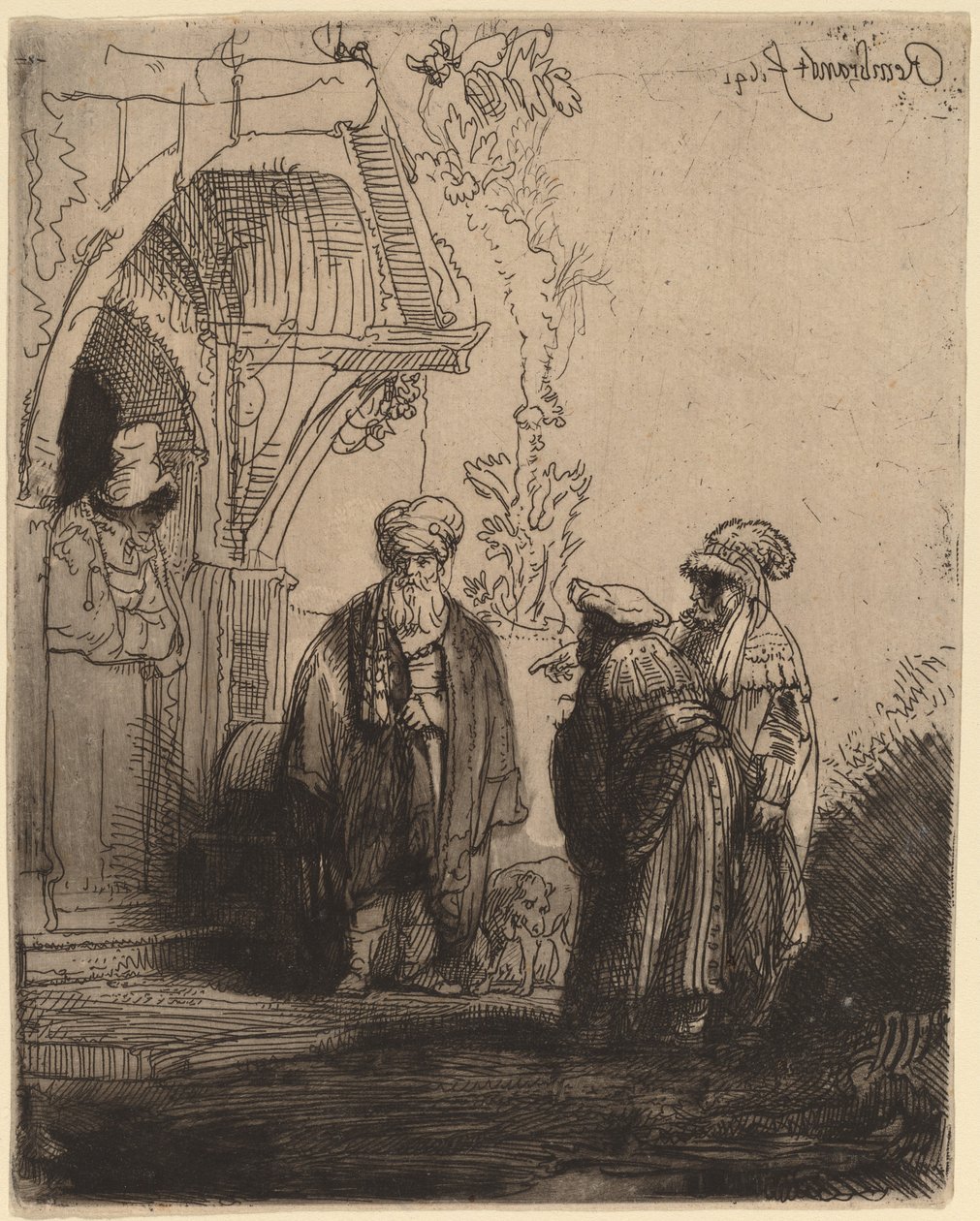 Kolme itämaista hahmoa (Jaakob ja Laban?) tekijältä Rembrandt van Rijn
