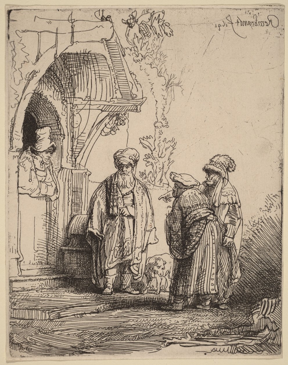 Kolme itämaista hahmoa (Jaakob ja Laban) tekijältä Rembrandt van Rijn