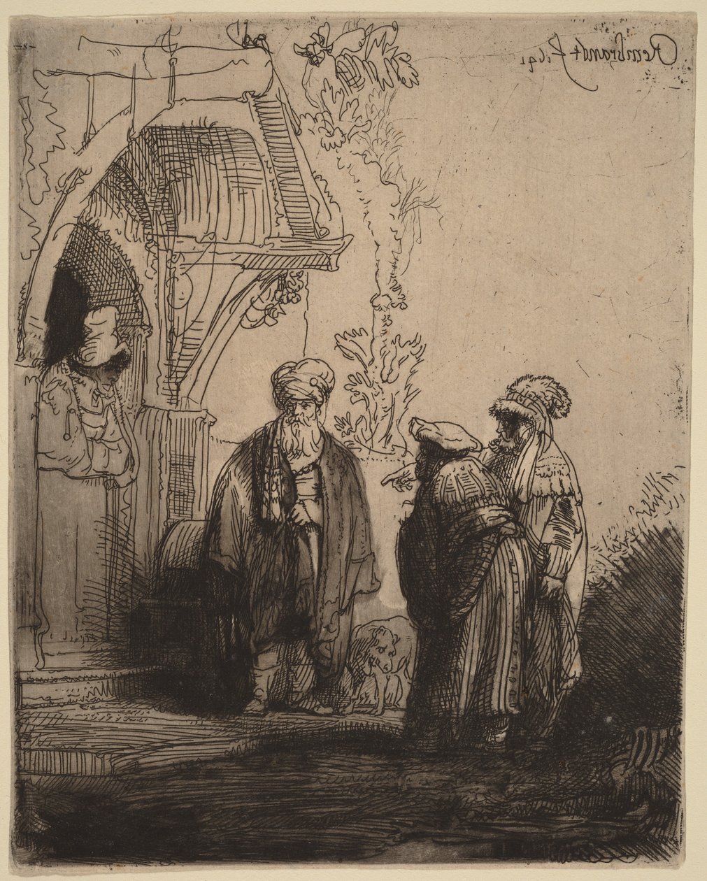 Kolme itämaista hahmoa (Jaakob ja Laban) tekijältä Rembrandt van Rijn
