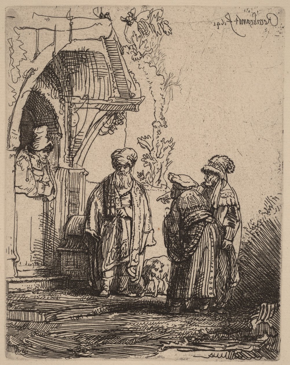 Kolme itämaista hahmoa (Jaakob ja Laban) tekijältä Rembrandt van Rijn