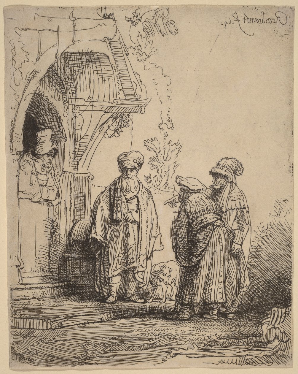 Kolme itämaista hahmoa (Jaakob ja Laban) tekijältä Rembrandt van Rijn