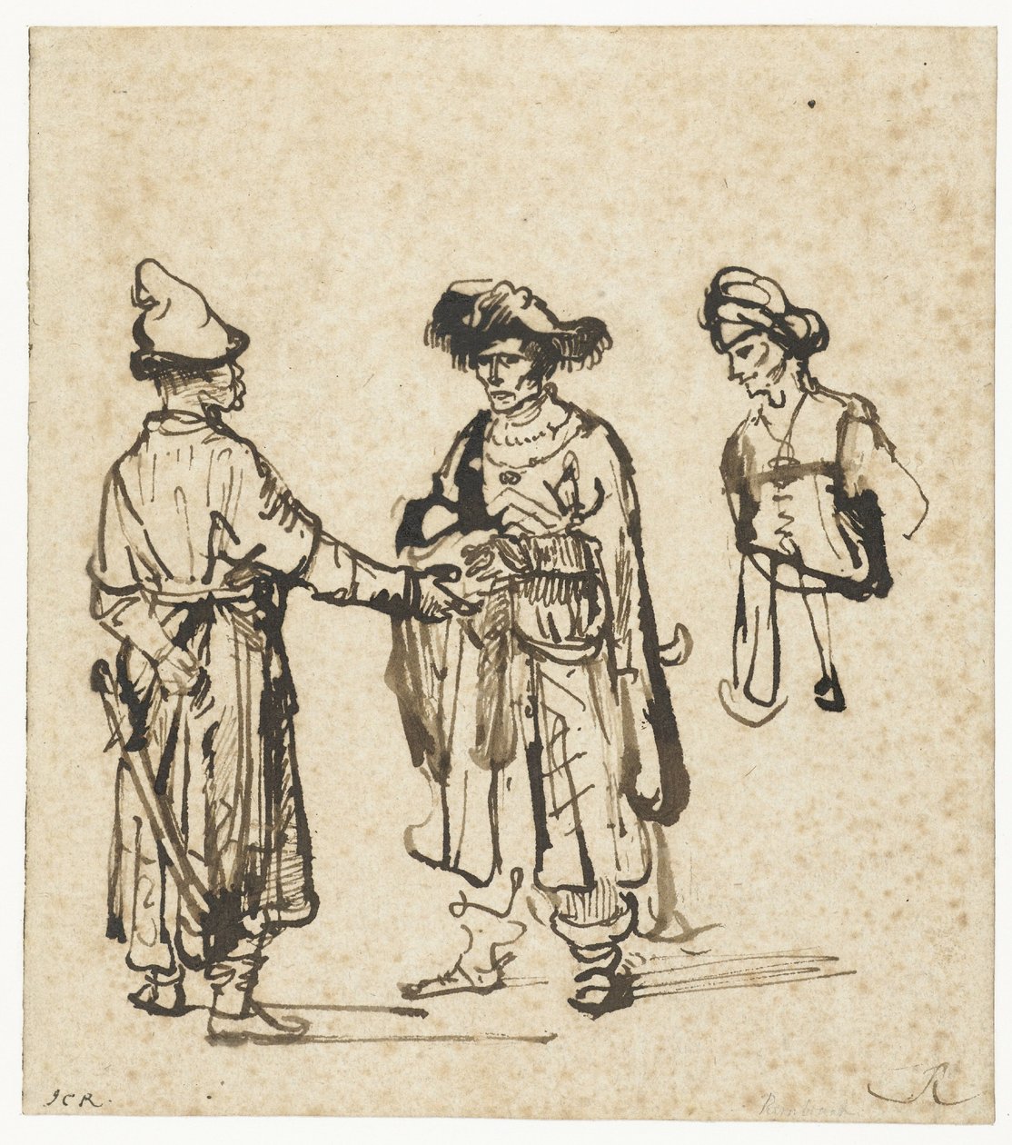 Kolme aasialaista keskustelemassa tekijältä Rembrandt van Rijn