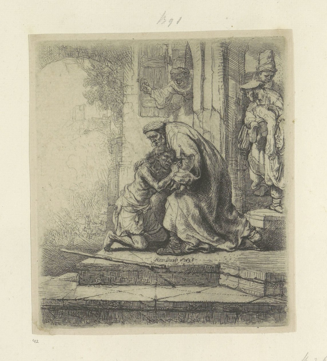 Tuhlaajapojan kotiinpaluu Recueil de quatre-vingt-cinq estampes originales (sarjan nimi) tekijältä Rembrandt van Rijn
