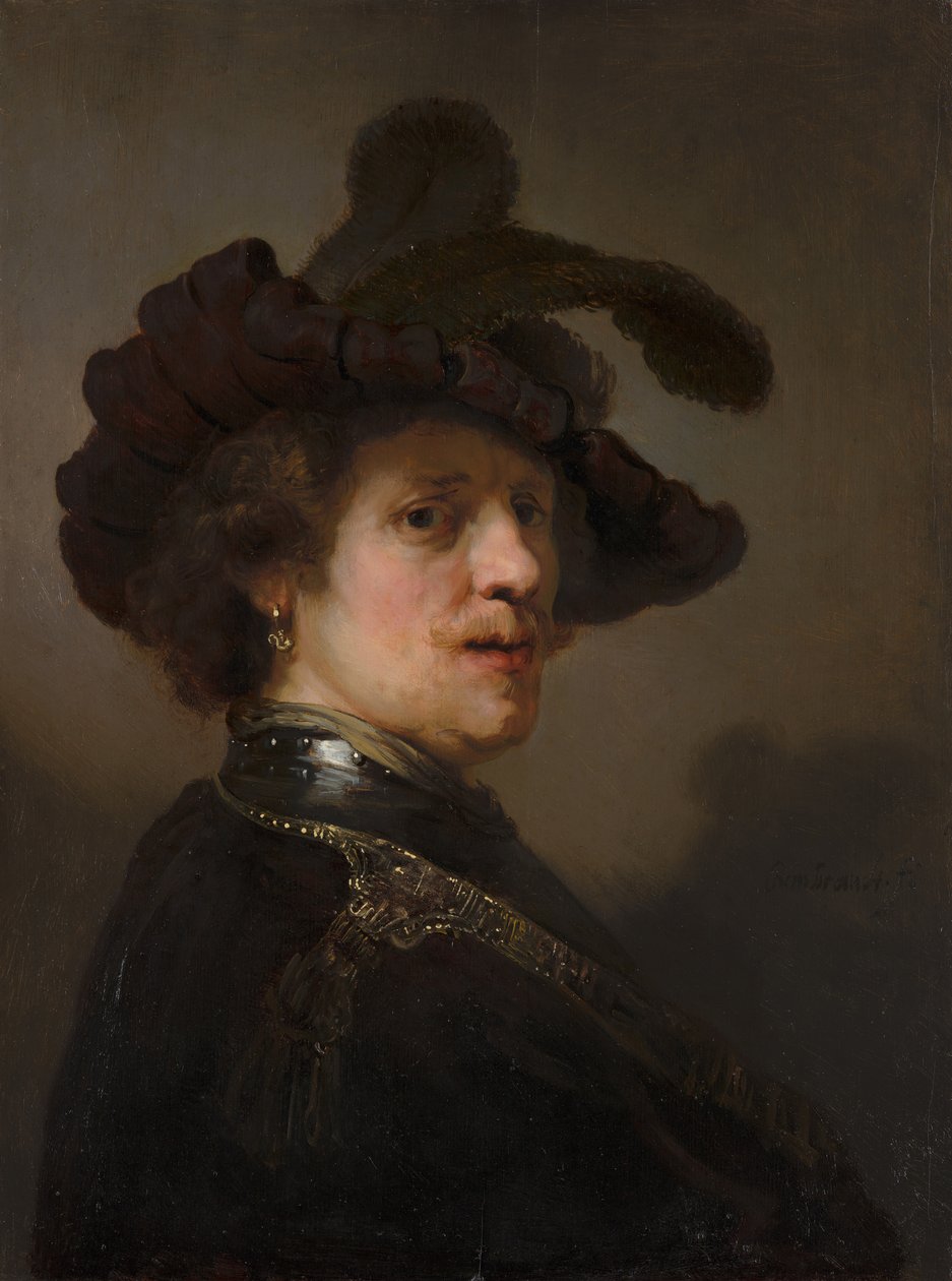 Tronie miehestä, jolla on höyhenbaretti, noin 1635-1640. tekijältä Rembrandt van Rijn