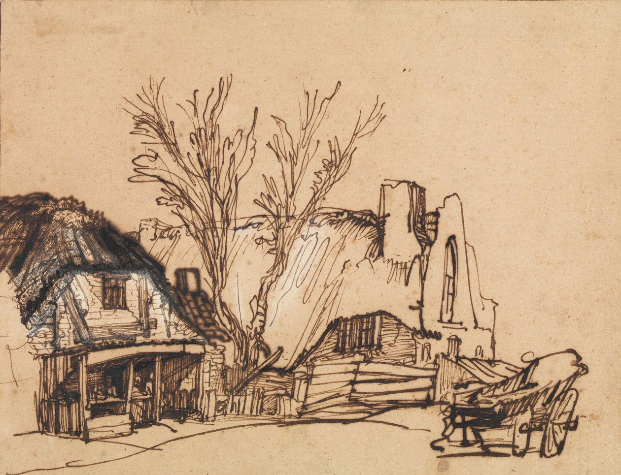 Kaksi mökkiä, n. 1636. tekijältä Rembrandt van Rijn