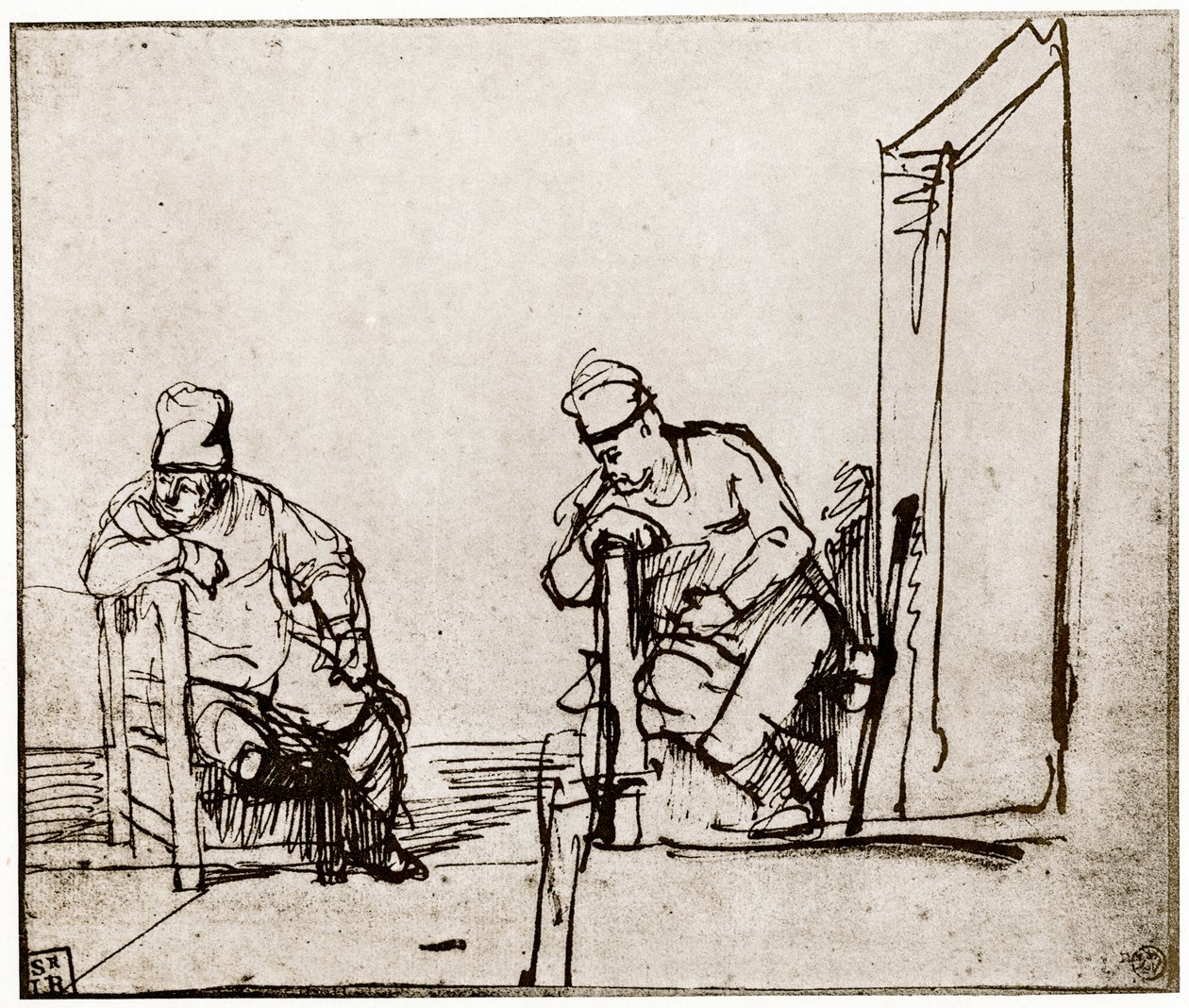 Kaksi miestä istumassa ovella, 1913. tekijältä Rembrandt van Rijn
